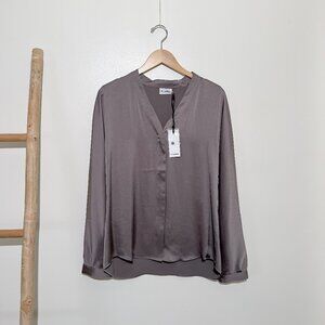 NWT R Label The Reset Satin Long Sleeve Gray Mink Blouse Top